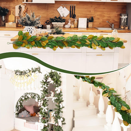 6 ft Realistic Magnolia Garland with Artificial Faux Cedar, Brown and Green Leaf Christmas Decorations for Mantle Fireplaces Stair Xmas Holiday Party Table Decor -