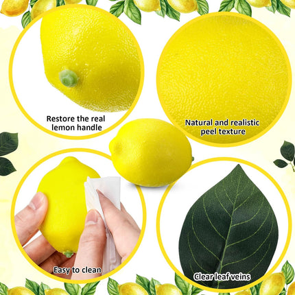 24 Pcs Fake Lemon Limes Artificial Fruits Faux 3" x 2" Mix Set with 10 Leaves and 1 Woven Basket Lifelike Decor for Kitchen Party Table Photo Prop (Yellow&Green) Yellow&green -