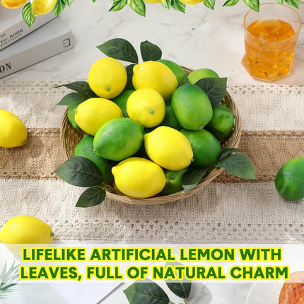 24 Pcs Fake Lemon Limes Artificial Fruits Faux 3" x 2" Mix Set with 10 Leaves and 1 Woven Basket Lifelike Decor for Kitchen Party Table Photo Prop (Yellow&Green) Yellow&green -