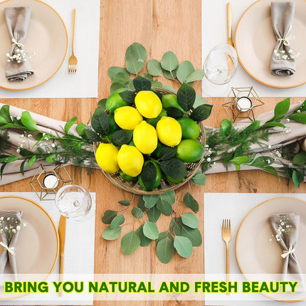 24 Pcs Fake Lemon Limes Artificial Fruits Faux 3" x 2" Mix Set with 10 Leaves and 1 Woven Basket Lifelike Decor for Kitchen Party Table Photo Prop (Yellow&Green) Yellow&green -