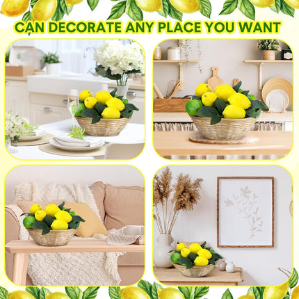 24 Pcs Fake Lemon Limes Artificial Fruits Faux 3" x 2" Mix Set with 10 Leaves and 1 Woven Basket Lifelike Decor for Kitchen Party Table Photo Prop (Yellow&Green) Yellow&green -