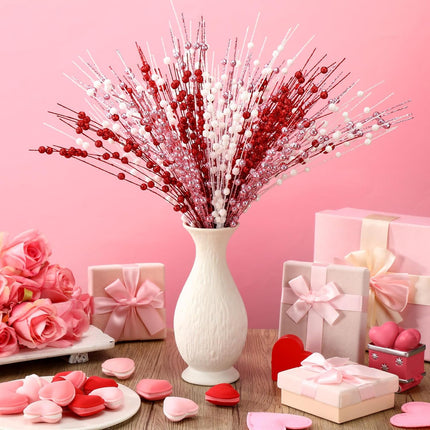 18 Pcs Mother's Day Decoration Valentines Floral Picks Tree Decorations 17 Inch Red and Pink Glitter Berry Spray Christmas Decor for Wreaths Centerpieces Wedding Anniversary -
