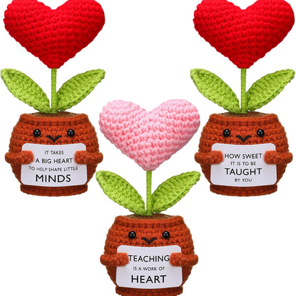 3 Pcs Teacher Appreciation Gifts Easter Gift Positive Flower Handmade Crochet Doll Thank You for Helping Me Grow Teachers Week(Heart) -