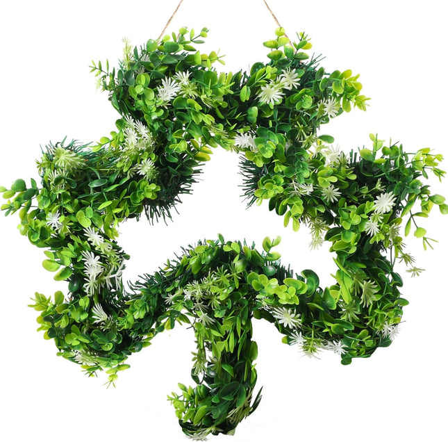 St Patricks Day Shamrock Wreath for Front Door Decorations 17 Inches Artificial Lucky Handmade Irish Sign