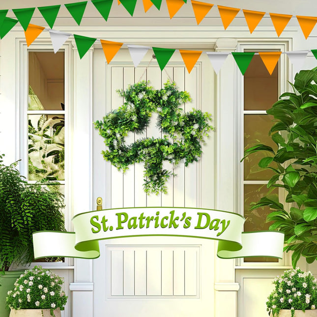 St Patricks Day Shamrock Wreath for Front Door Decorations 17 Inches Artificial Lucky Handmade Irish Sign – product detail