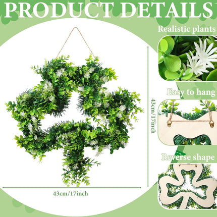 St Patricks Day Shamrock Wreath for Front Door Decorations 17 Inches Artificial Lucky Handmade Irish Sign with Grass Green Home Window