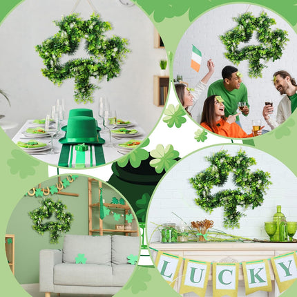 St Patricks Day Shamrock Wreath for Front Door Decorations 17 Inches Artificial Lucky Handmade Irish Sign with Grass Green Home Window