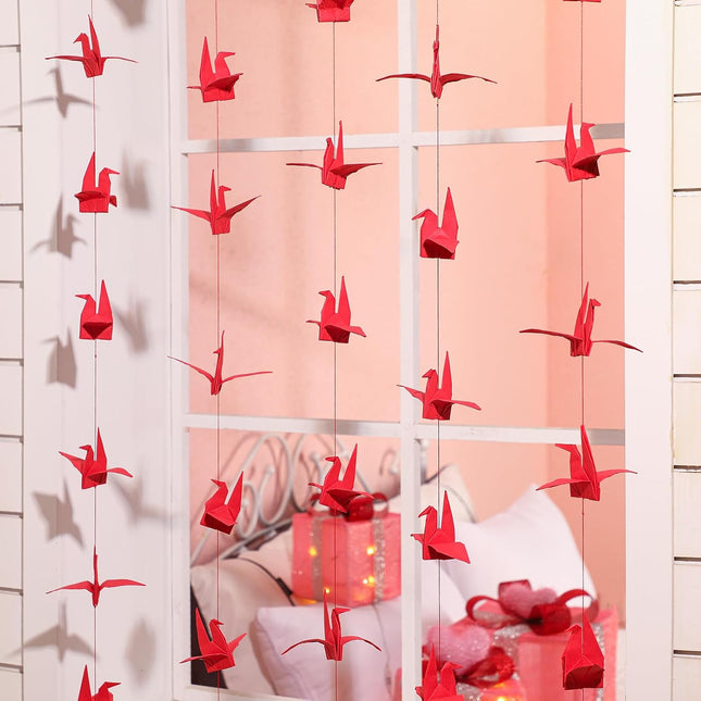 10 Pcs Paper Crane Hanging Garlands Premade Origami Cranes on String Kit Folded Bird Streamers for in Red