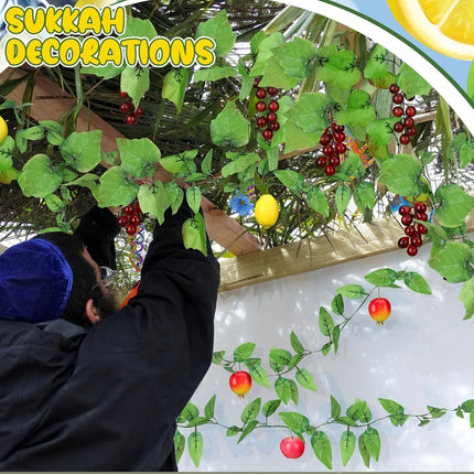 5 Pcs Sukkot Fruits Hanging Banner with LED Lights Decoration Sukkah Decorations Fruit Garland Indoor Outdoor Decor Party Supplies for Jewish Holiday -