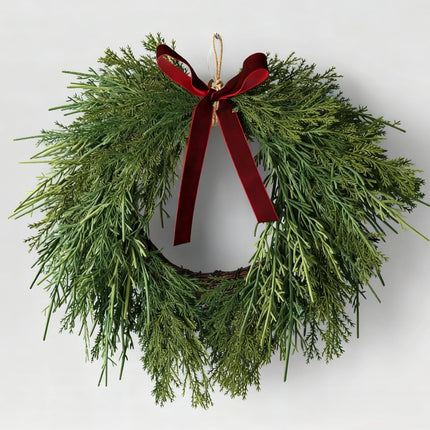 13.8" Christmas Artificial Cedar Wreath with Burgundy Velvet Bow Green Draping Oval for Front Door, Wall, Windows Indoor Outdoor Winter Festival Farmhouse Home Decor - 13.8 Inch