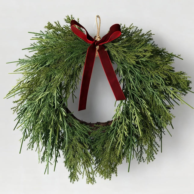 13.8 Christmas Artificial Cedar Wreath with Burgundy Velvet Bow Green Draping Oval for Front Door