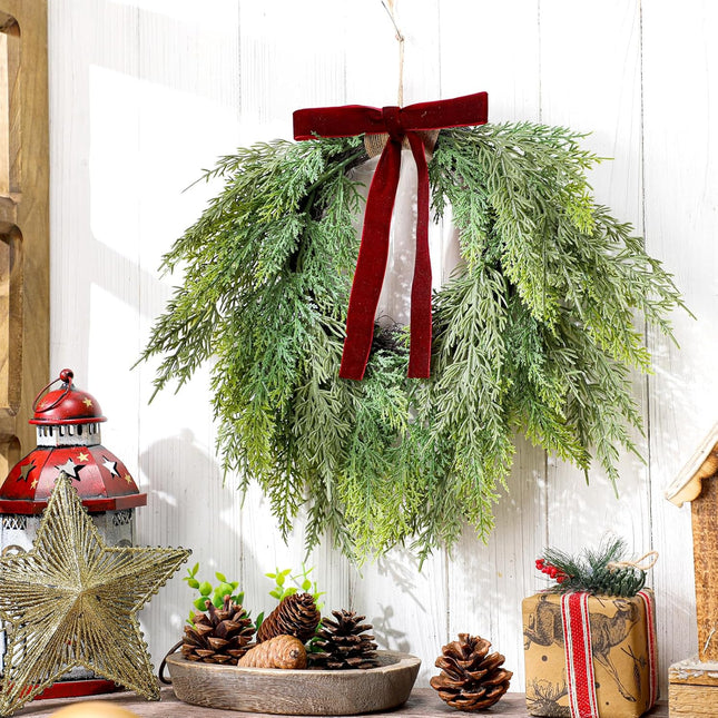 13.8 Christmas Artificial Cedar Wreath with Burgundy Velvet Bow Green Draping Oval for Front Door