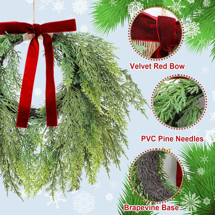 13.8" Christmas Artificial Cedar Wreath with Burgundy Velvet Bow Green Draping Oval for Front Door, Wall, Windows Indoor Outdoor Winter Festival Farmhouse Home Decor - 13.8 Inch