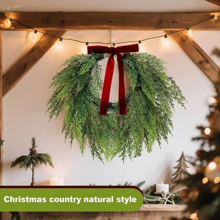 13.8" Christmas Artificial Cedar Wreath with Burgundy Velvet Bow Green Draping Oval for Front Door, Wall, Windows Indoor Outdoor Winter Festival Farmhouse Home Decor - 13.8 Inch