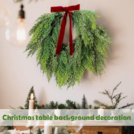13.8" Christmas Artificial Cedar Wreath with Burgundy Velvet Bow Green Draping Oval for Front Door, Wall, Windows Indoor Outdoor Winter Festival Farmhouse Home Decor - 13.8 Inch