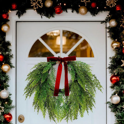 13.8" Christmas Artificial Cedar Wreath with Burgundy Velvet Bow Green Draping Oval for Front Door, Wall, Windows Indoor Outdoor Winter Festival Farmhouse Home Decor - 13.8 Inch