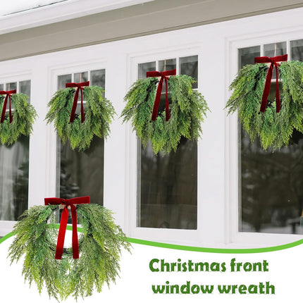 13.8" Christmas Artificial Cedar Wreath with Burgundy Velvet Bow Green Draping Oval for Front Door, Wall, Windows Indoor Outdoor Winter Festival Farmhouse Home Decor - 13.8 Inch