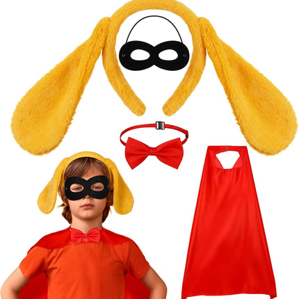 5 Pcs Cat Costume Kids Hero Theme Cosplay Include Ear Headband Nose Gloves Capes Masks Yellow, Red -