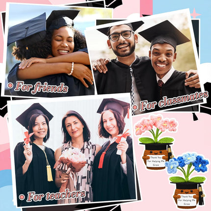 Teacher Appreciation Gifts, Thank You for Helping Me Grow Handmade Crochet Flower, Inspirational Support Flowers 2026 End of Year Graduation Gifts Women(2 Pcs,Pink,Blue) Pink,blue -