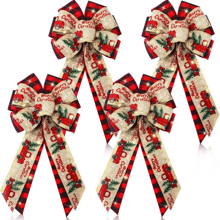4 Pcs 10 x 18 Inch Christmas Buffalo Plaid LED Wreath Bow, Burlap Red Black Truck Pattern Lighted Bows, Xmas Tree Topper Ornaments Front Door Wall Stairs Decor for Indoor Outdoor Winter -