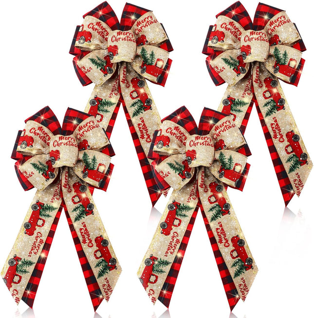 4 Pcs 10 x 18 Inch Christmas Buffalo Plaid LED Wreath Bow Burlap Red Black