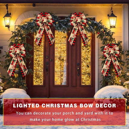 4 Pcs 10 x 18 Inch Christmas Buffalo Plaid LED Wreath Bow, Burlap Red Black Truck Pattern Lighted Bows, Xmas Tree Topper Ornaments Front Door Wall Stairs Decor for Indoor Outdoor Winter -