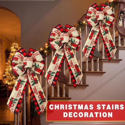 4 Pcs 10 x 18 Inch Christmas Buffalo Plaid LED Wreath Bow, Burlap Red Black Truck Pattern Lighted Bows, Xmas Tree Topper Ornaments Front Door Wall Stairs Decor for Indoor Outdoor Winter -