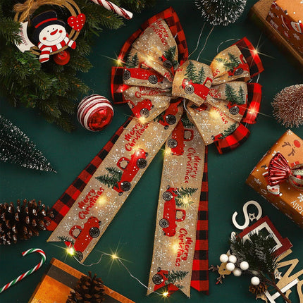 4 Pcs 10 x 18 Inch Christmas Buffalo Plaid LED Wreath Bow, Burlap Red Black Truck Pattern Lighted Bows, Xmas Tree Topper Ornaments Front Door Wall Stairs Decor for Indoor Outdoor Winter -