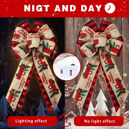 4 Pcs 10 x 18 Inch Christmas Buffalo Plaid LED Wreath Bow, Burlap Red Black Truck Pattern Lighted Bows, Xmas Tree Topper Ornaments Front Door Wall Stairs Decor for Indoor Outdoor Winter -