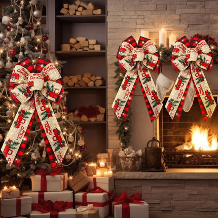 4 Pcs 10 x 18 Inch Christmas Buffalo Plaid LED Wreath Bow, Burlap Red Black Truck Pattern Lighted Bows, Xmas Tree Topper Ornaments Front Door Wall Stairs Decor for Indoor Outdoor Winter -