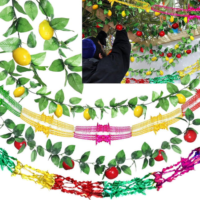 Wavwav 4 Pcs Sukkot Fruit Hanging Banner Decoration Apple & Etrog Foil Garland Indoor/Outdoor Decor Party Supplies for Sukkah