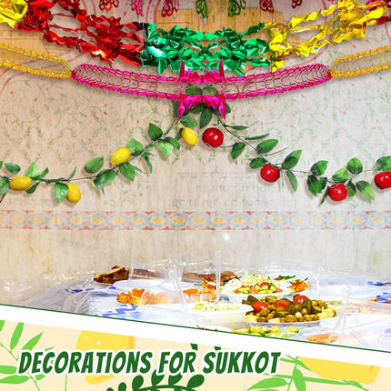 Wavwav 4 Pcs Sukkot Fruit Hanging Banner Decoration Apple & Etrog Foil Garland Indoor/Outdoor Decor Party Supplies for Sukkah -