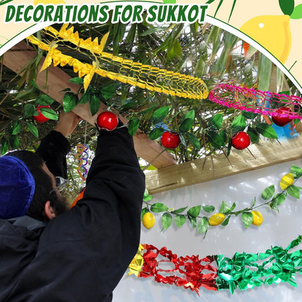 Wavwav 4 Pcs Sukkot Fruit Hanging Banner Decoration Apple & Etrog Foil Garland Indoor/Outdoor Decor Party Supplies for Sukkah -