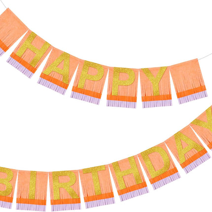 Happy Birthday Decor Pink Orange Banner Glitter Fringe Garland with Gold Letter Sign No DIY Decorations for Women Party Backdrop Wall Supplies -