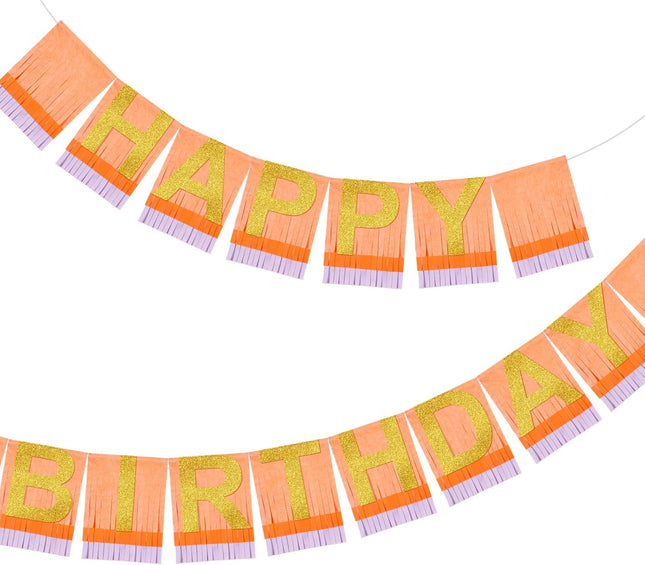 Happy Birthday Decor Pink Orange Banner Glitter Fringe Garland with Gold Letter Sign No DIY Decorations for