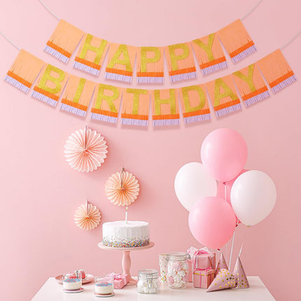 Happy Birthday Decor Pink Orange Banner Glitter Fringe Garland with Gold Letter Sign No DIY Decorations for Women Party Backdrop Wall Supplies -