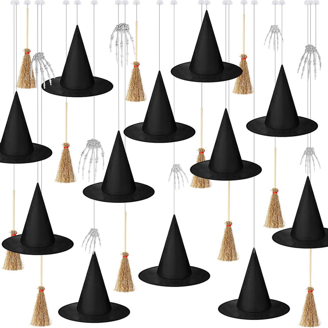 32 Pcs Halloween Hanging Decorations Set Floating Witch Brooms Hat Skeleton Hands Wizard Straw Broom