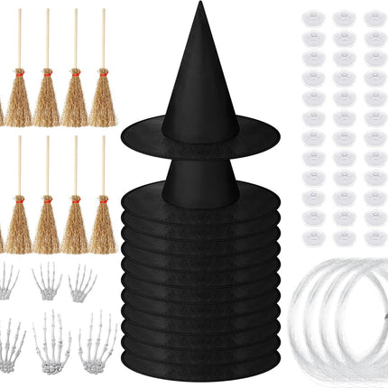 32 Pcs Halloween Hanging Decorations Set, Floating Witch Brooms Hat Skeleton Hands Wizard Straw Broom Accessories for Party Favors Birthday DIY Crafts -