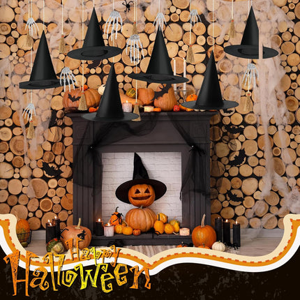 32 Pcs Halloween Hanging Decorations Set, Floating Witch Brooms Hat Skeleton Hands Wizard Straw Broom Accessories for Party Favors Birthday DIY Crafts -