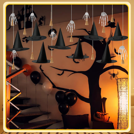 32 Pcs Halloween Hanging Decorations Set, Floating Witch Brooms Hat Skeleton Hands Wizard Straw Broom Accessories for Party Favors Birthday DIY Crafts -