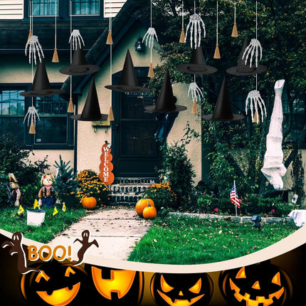 32 Pcs Halloween Hanging Decorations Set, Floating Witch Brooms Hat Skeleton Hands Wizard Straw Broom Accessories for Party Favors Birthday DIY Crafts -