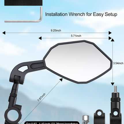 Adjustable Handlebar Bike Mirror- Anti-Slip Pads & Installation Wrench, 360° Rotatable HD Shatterproof Glass Electric Mirrors, Fit for Mountain/E-Bikes/Road Bikes (1 Pair) -