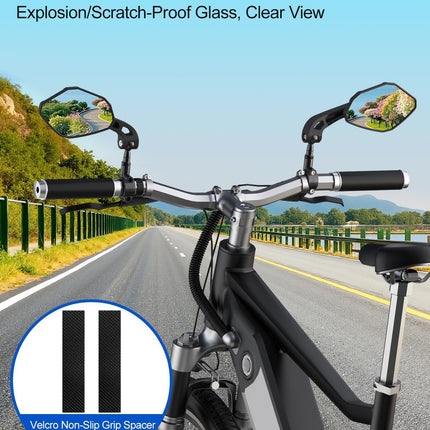 Adjustable Handlebar Bike Mirror- Anti-Slip Pads & Installation Wrench, 360° Rotatable HD Shatterproof Glass Electric Mirrors, Fit for Mountain/E-Bikes/Road Bikes (1 Pair) -