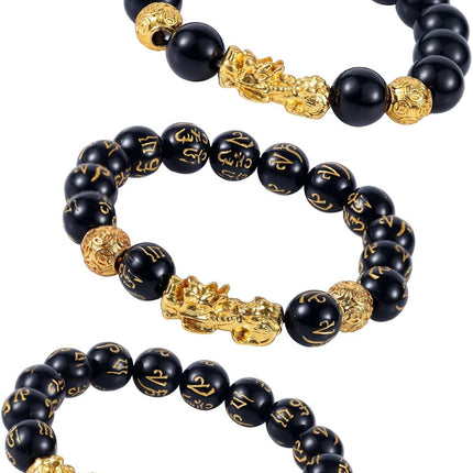 3pcs Wealth Bracelets, Imitation Obsidian Good Luck Bracelet with Chinese Mythical Beasts Charms for Protection Bring & Gold and Black Beaded Jewelry Gift Men Women -