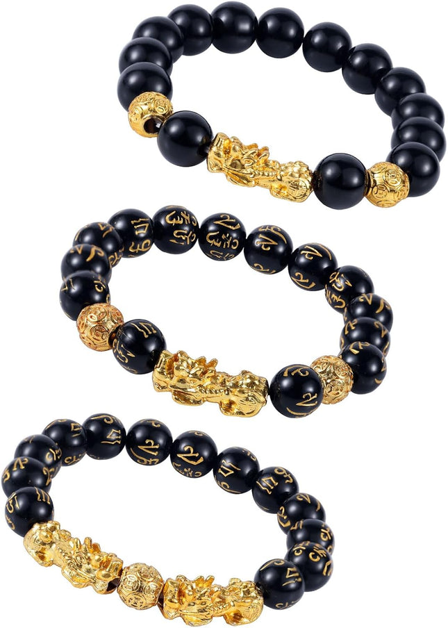 3pcs Wealth Bracelets Imitation Obsidian Good Luck Bracelet with Chinese Mythical Beasts Charms