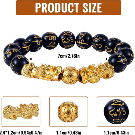 3pcs Wealth Bracelets, Imitation Obsidian Good Luck Bracelet with Chinese Mythical Beasts Charms for Protection Bring & Gold and Black Beaded Jewelry Gift Men Women -