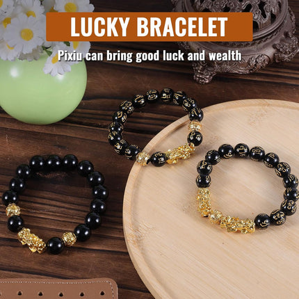 3pcs Wealth Bracelets, Imitation Obsidian Good Luck Bracelet with Chinese Mythical Beasts Charms for Protection Bring & Gold and Black Beaded Jewelry Gift Men Women -
