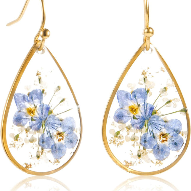 Flower Teardrop Earrings Forget Me Not 14K Gold Plated Dangle Elegant Sweet Pressed for Women Girls Tear Drop Jewelry -
