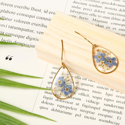 Flower Teardrop Earrings Forget Me Not 14K Gold Plated Dangle Elegant Sweet Pressed for Women Girls Tear Drop Jewelry -