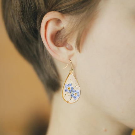 Flower Teardrop Earrings Forget Me Not 14K Gold Plated Dangle Elegant Sweet Pressed for Women Girls Tear Drop Jewelry -